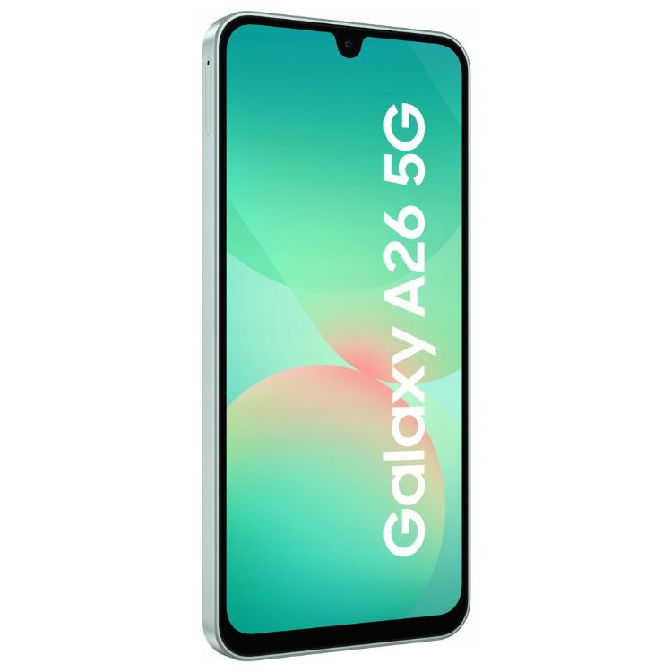 Samsung Galaxy A26 5G, smartphone verde, ecrã ligado, logótipo visível.