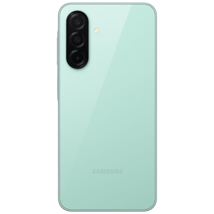Samsung Galaxy A26 5G, verde, câmera tripla, logotipo Samsung na parte inferior.