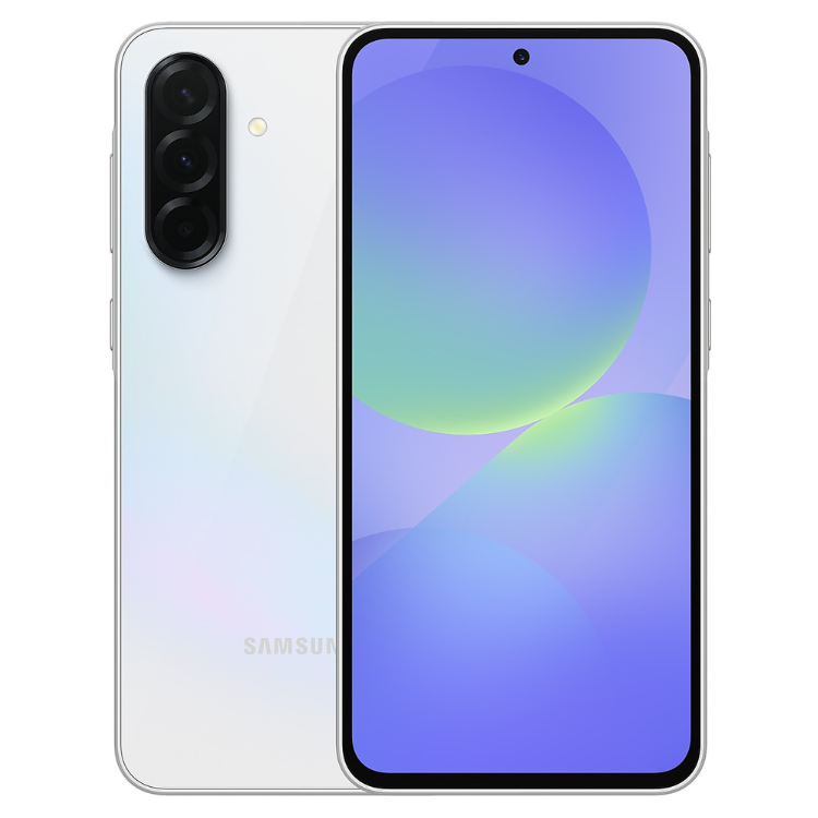 Samsung Galaxy A36 5G branco, com câmera tripla e tela de cores vibrantes.