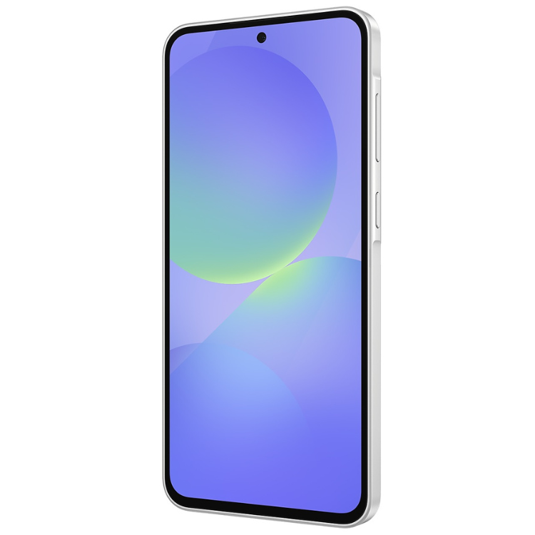 Samsung Galaxy A36 5G branco, smartphone com ecrã de tons de azul e verde.