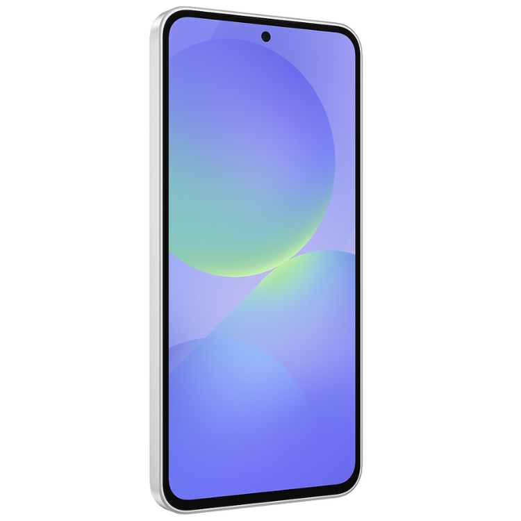 Samsung Galaxy A36 5G branco, smartphone com ecrã de cores vibrantes em tons de azul e verde.