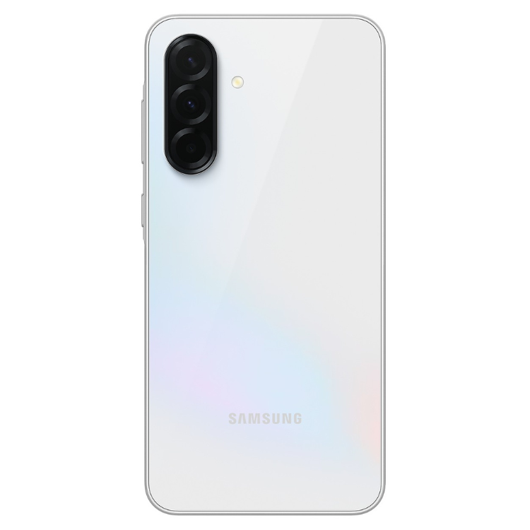 Samsung Galaxy A36 5G branco, vista traseira com câmeras triplas e logotipo SAMSUNG.
