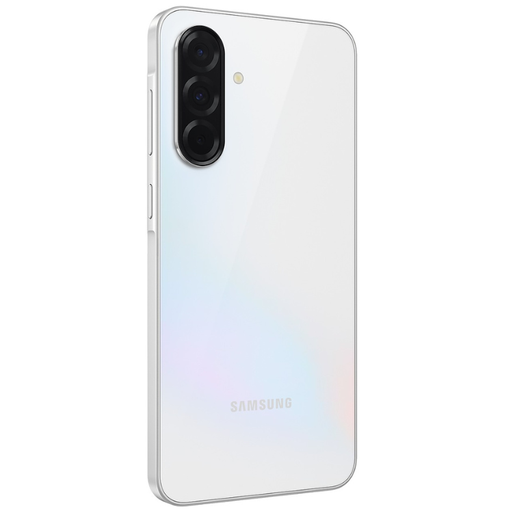 Samsung Galaxy A36 5G branco, vista traseira com câmeras triplas e logotipo SAMSUNG.