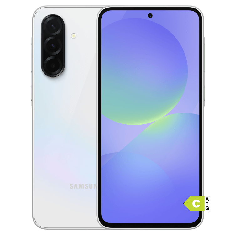 Samsung Galaxy A36 5G branco, smartphone com ecrã e câmaras triplas.