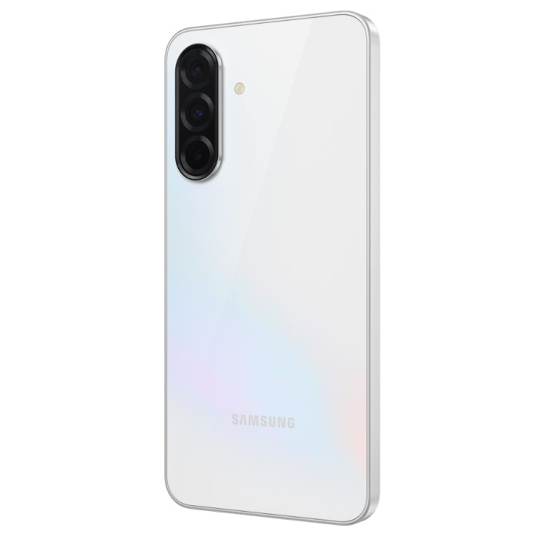 Samsung Galaxy A36 5G branco, vista traseira com câmeras triplas e logotipo.