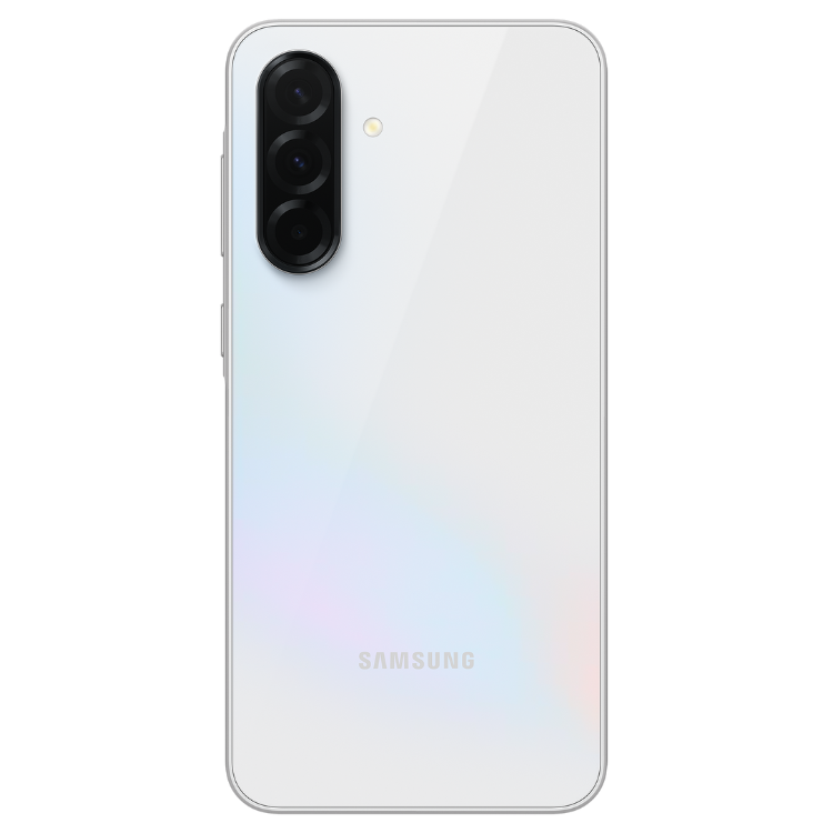 Samsung Galaxy A36 5G branco, vista traseira com câmeras triplas verticais e logotipo SAMSUNG.