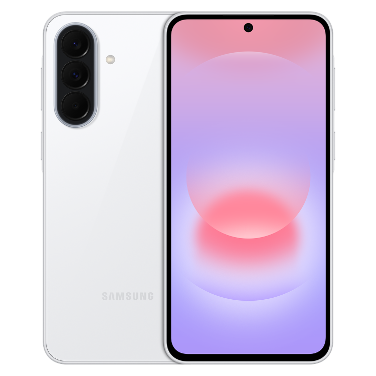 Samsung Galaxy A37 5G branco, com três câmaras na parte de trás e ecrã colorido.