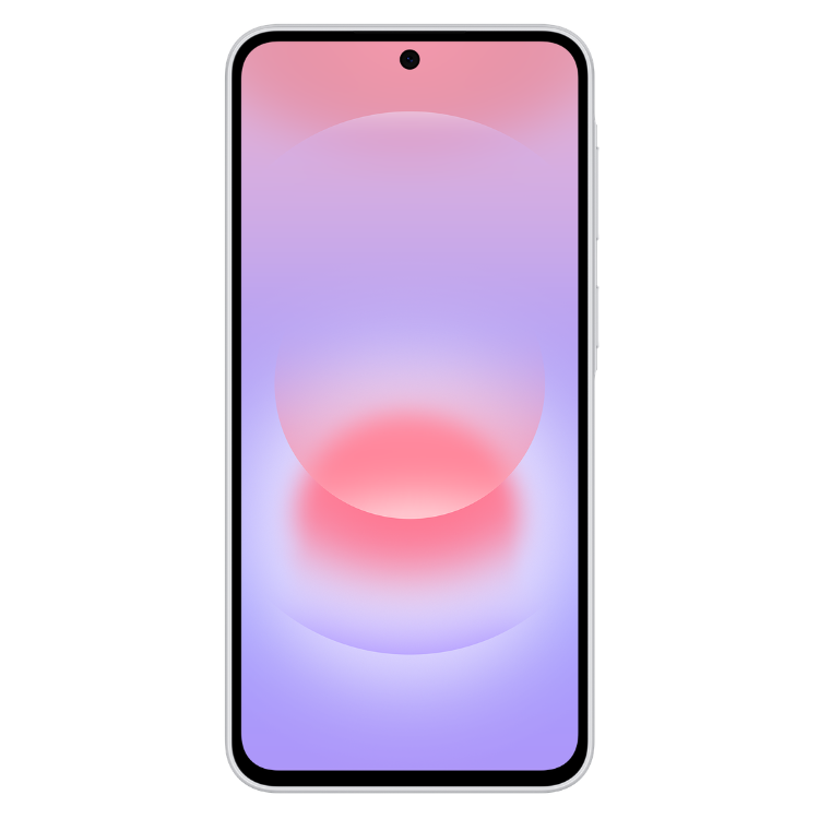 Samsung Galaxy A37 5G, smartphone branco com ecrã colorido em tons de rosa e violeta.
