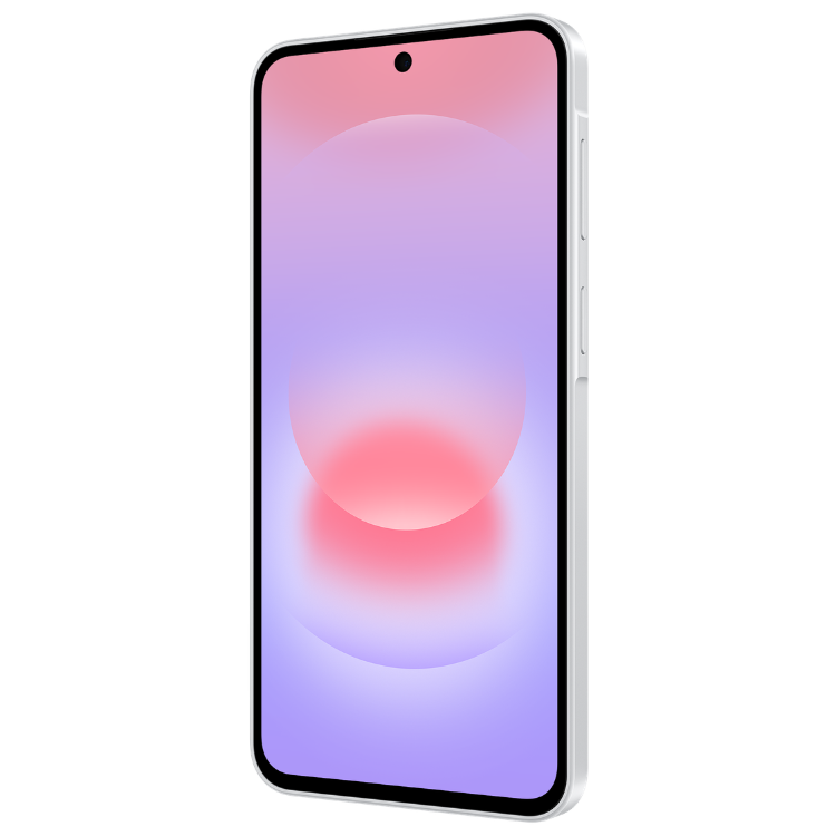 Samsung Galaxy A37 5G branco, ecrã com wallpaper rosa e violeta.