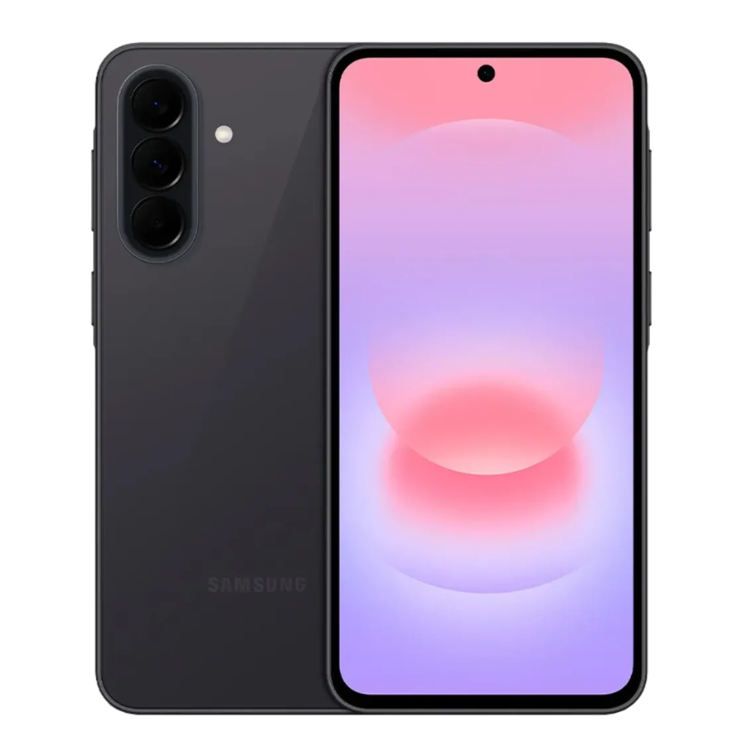 Samsung Galaxy A37 5G preto, smartphone com três câmeras traseiras e ecrã colorido.