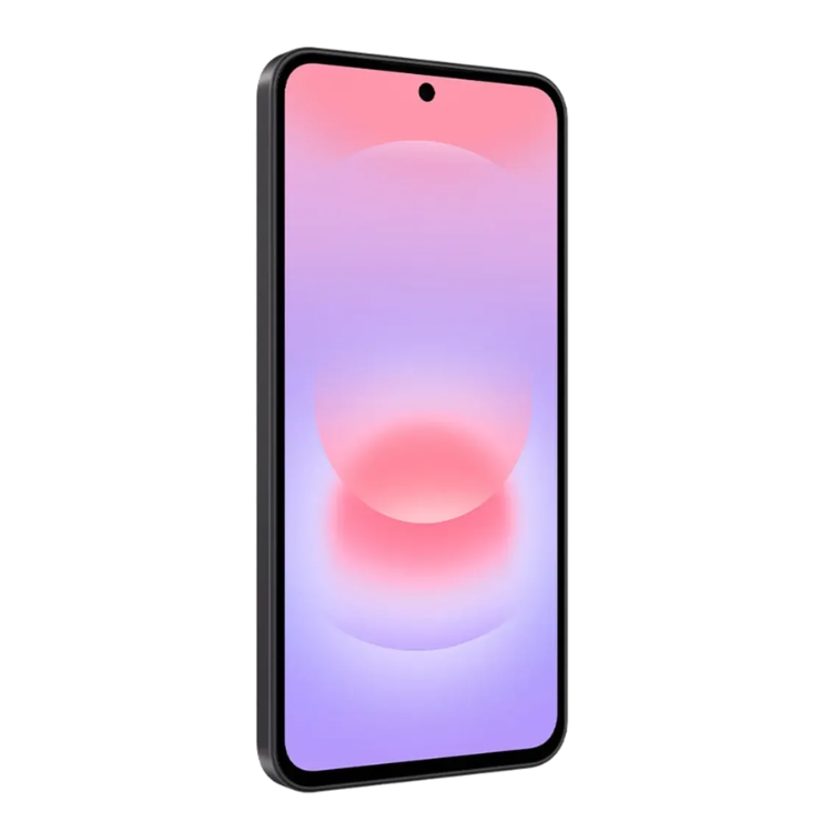 Samsung Galaxy A37 5G, smartphone preto com ecrã colorido em tons de rosa e violeta.