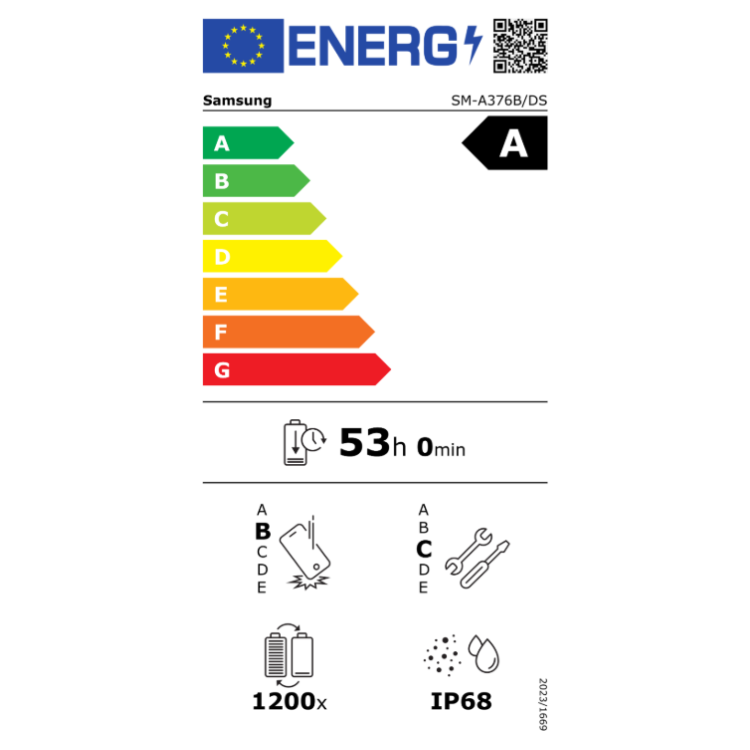 Etiqueta energética do Samsung com classificação A, bateria 53 horas, zoom 1200x e resistência IP68.