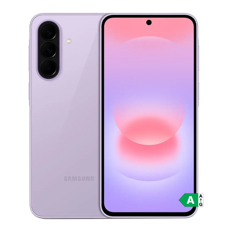 Samsung Galaxy A37 5G, cor lavanda, com três câmaras traseiras e ecrã colorido.