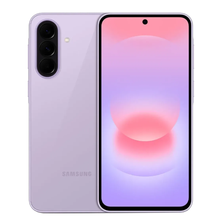 Samsung Galaxy A37 5G, cor lavanda, com três câmaras na parte traseira e ecrã colorido.