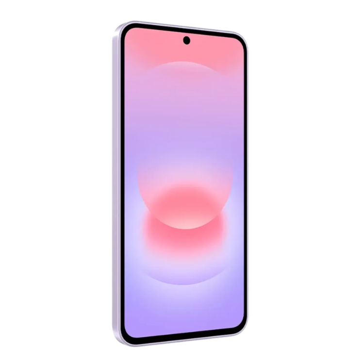 Samsung Galaxy A37 5G, cor lavanda, smartphone com ecrã colorido em tons de rosa e roxo.