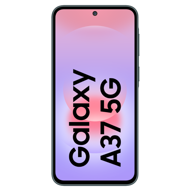 Samsung Galaxy A37 5G, smartphone verde com ecrã roxo e rosa.