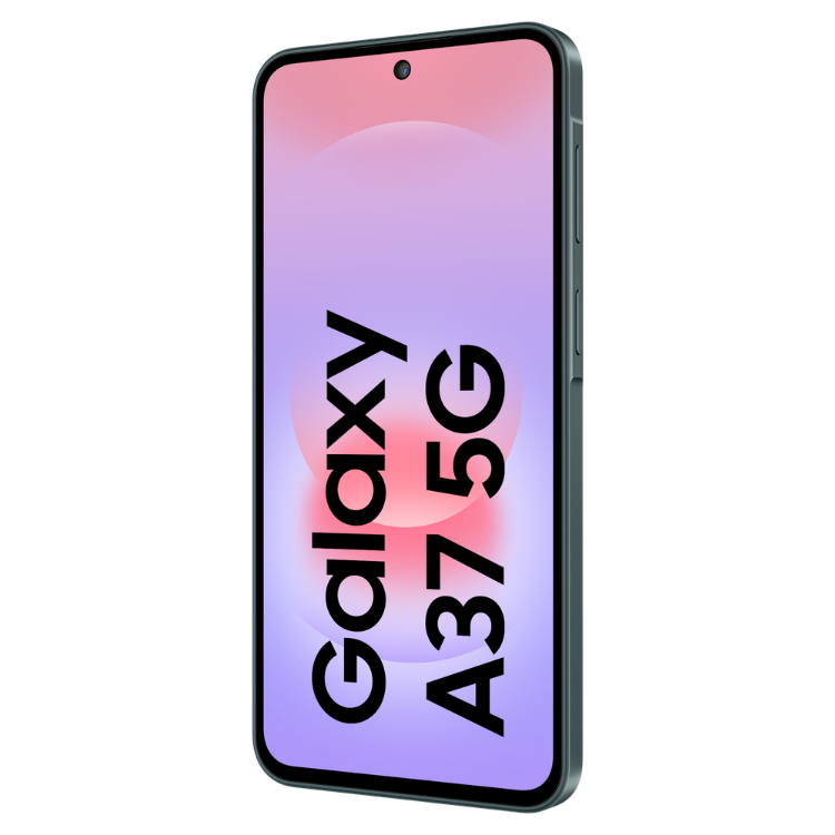 Samsung Galaxy A37 5G, smartphone verde com ecrã roxo e rosa.