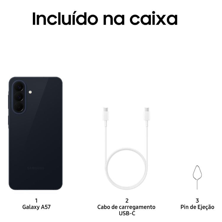 Samsung Galaxy A57 5G, azul escuro, smartphone com câmeras triplas e cabo de carregamento USB-C.