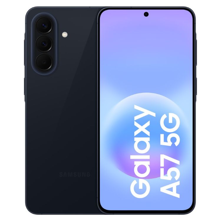 Samsung Galaxy A57 5G, azul escuro, 8GB/256GB, dual sim, vista frontal e traseira.