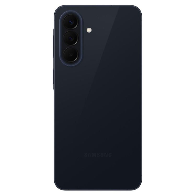 Samsung Galaxy A57 5G, azul escuro, 3 câmaras traseiras e flash.