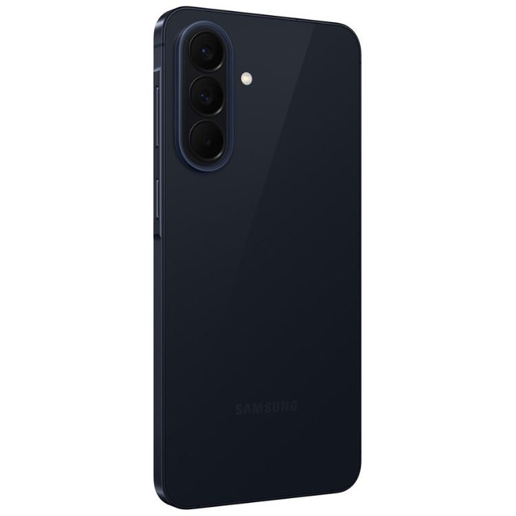 Samsung Galaxy A57 5G, azul escuro, 3 câmeras traseiras e flash.