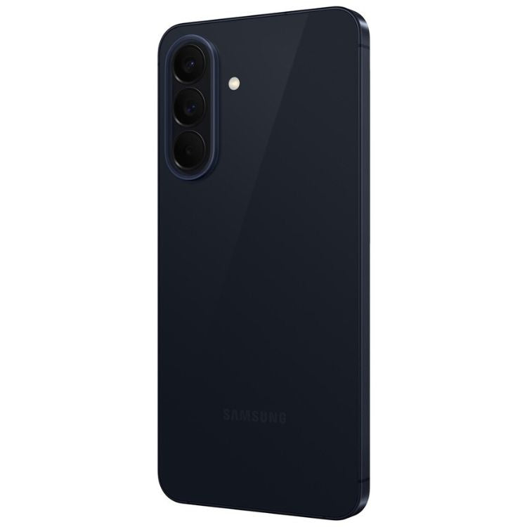 Samsung Galaxy A57 5G, azul escuro, 3 câmeras traseiras e marca Samsung na parte inferior.