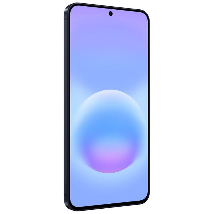 Smartphone Samsung Galaxy A57 5G, azul escuro, ecrã com wallpaper de cores degradadas de azul para roxo.