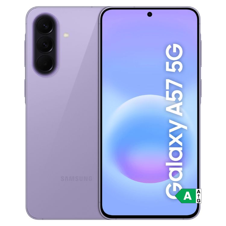 Samsung Galaxy A57 5G roxo, 8GB/128GB, câmara tripla e ecrã com texto de apresentação.