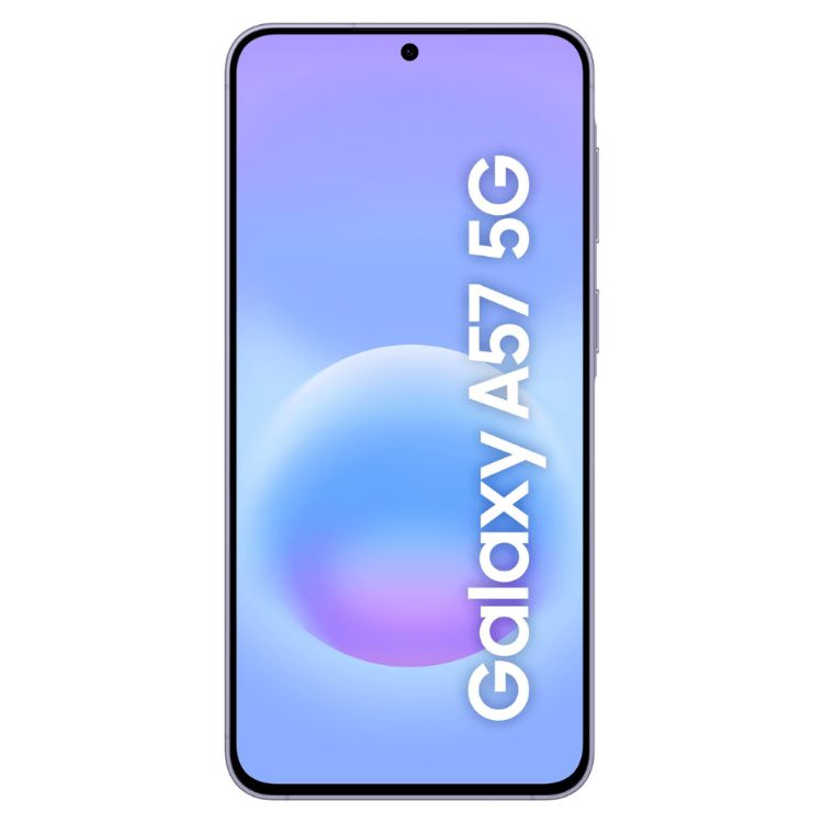 Samsung Galaxy A57 5G, smartphone roxo, ecrã com texto  Galaxy A57 5G.