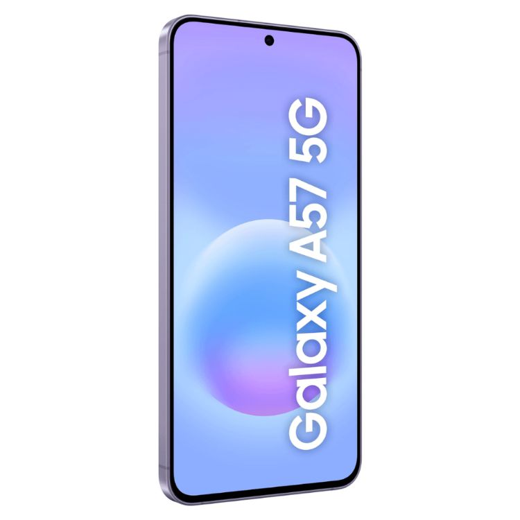 Samsung Galaxy A57 5G roxo, smartphone com ecrã ligado.