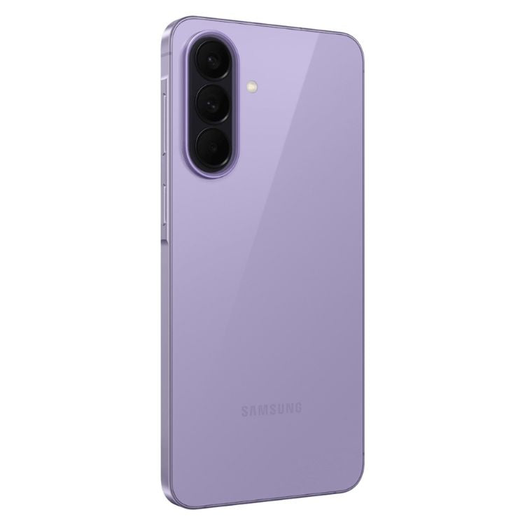 Samsung Galaxy A57 5G, roxo, 3 câmeras traseiras, logotipo Samsung na parte inferior.