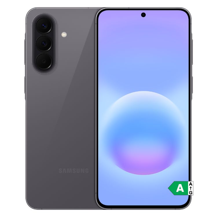 Samsung Galaxy A57 5G cinzento, smartphone com três câmaras e ecrã ligado.