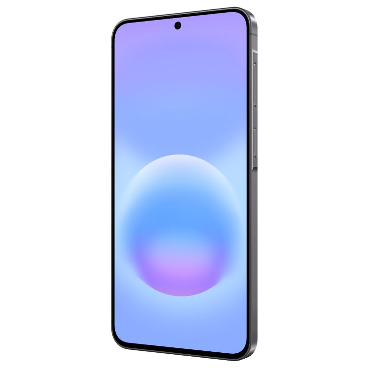 Samsung Galaxy A57 5G cinzento, smartphone com ecrã de 6.9mm de espessura e interface de cores azul e violeta.