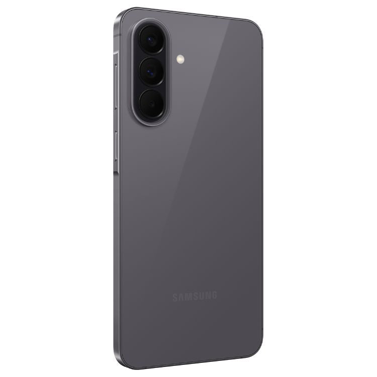 Samsung Galaxy A57 5G, cinzento, três câmeras verticais na parte de trás.