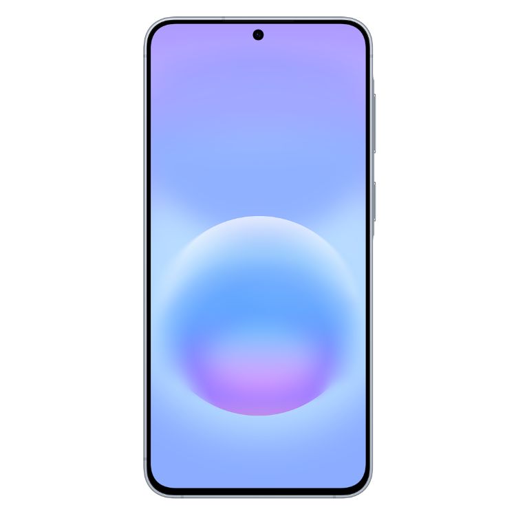 Samsung Galaxy A57 5G, azul claro, ecrã com imagem de esfera colorida.
