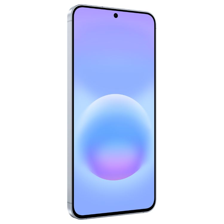 Samsung Galaxy A57 5G, azul claro, ecrã ligado com imagem de esfera colorida.
