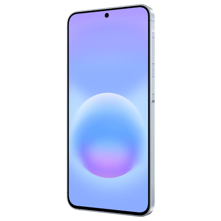 Samsung Galaxy A57 5G, azul claro, ecrã ligado com imagem de esfera colorida.