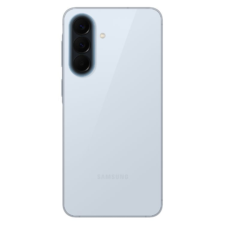 Samsung Galaxy A57 5G, azul claro, três câmeras verticais na parte de trás.