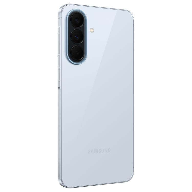 Samsung Galaxy A57 5G, azul claro, 3 câmeras traseiras verticais e marca Samsung na parte inferior.