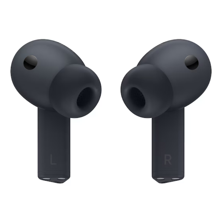 Auriculares Bluetooth Samsung Galaxy Buds 3 FE pretos, com identificação L e R.