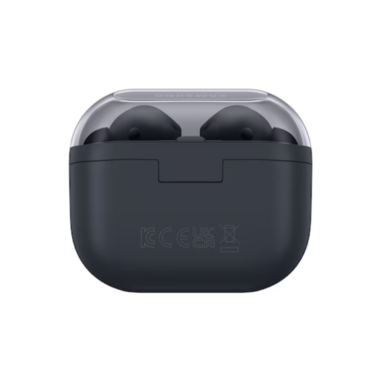 Auriculares Bluetooth Samsung Galaxy Buds 3 FE pretos em estojo de carregamento.