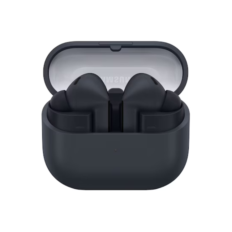 Auriculares Bluetooth Samsung Galaxy Buds 3 FE pretos em estojo de carregamento.