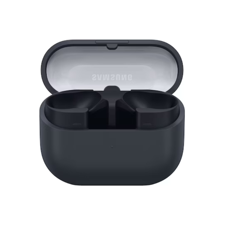 Auriculares Bluetooth Samsung Galaxy Buds 3 FE pretos em estojo de carregamento.