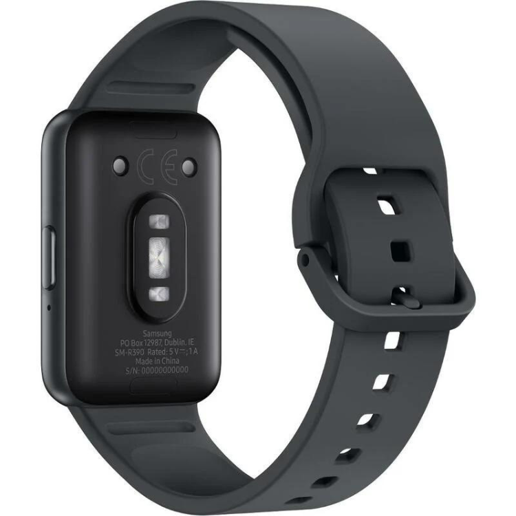Smartband Samsung Galaxy Fit 3 R390 40mm preto, pulseira de borracha com mostrador retangular e detalhes de marca e certificações.