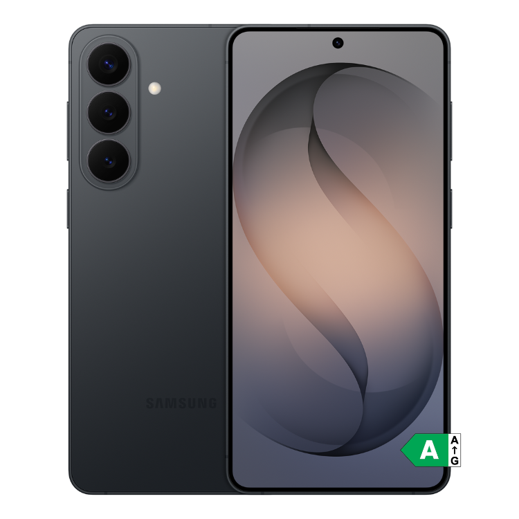 Samsung Galaxy S26+ preto, smartphone com três câmeras na parte traseira e ecrã colorido.