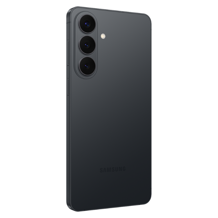 Samsung Galaxy S26+ preto, com três câmaras verticais e flash, virado para trás.