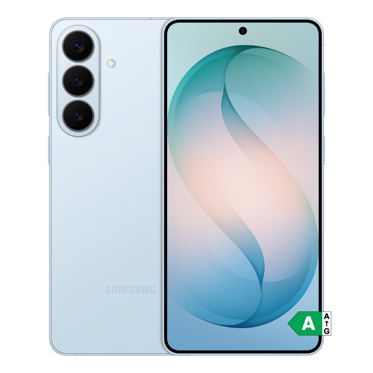 Samsung Galaxy S26, azul, 12GB/256GB, 5G, Dual Sim, três câmeras traseiras e ecrã com imagem abstrata.