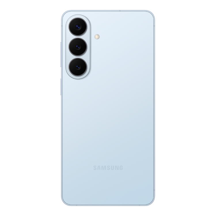 Samsung Galaxy S26+ azul, smartphone com três câmaras na parte traseira.