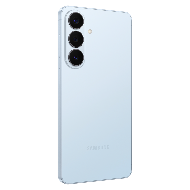 Samsung Galaxy S26+ azul, smartphone com três câmaras na parte traseira.
