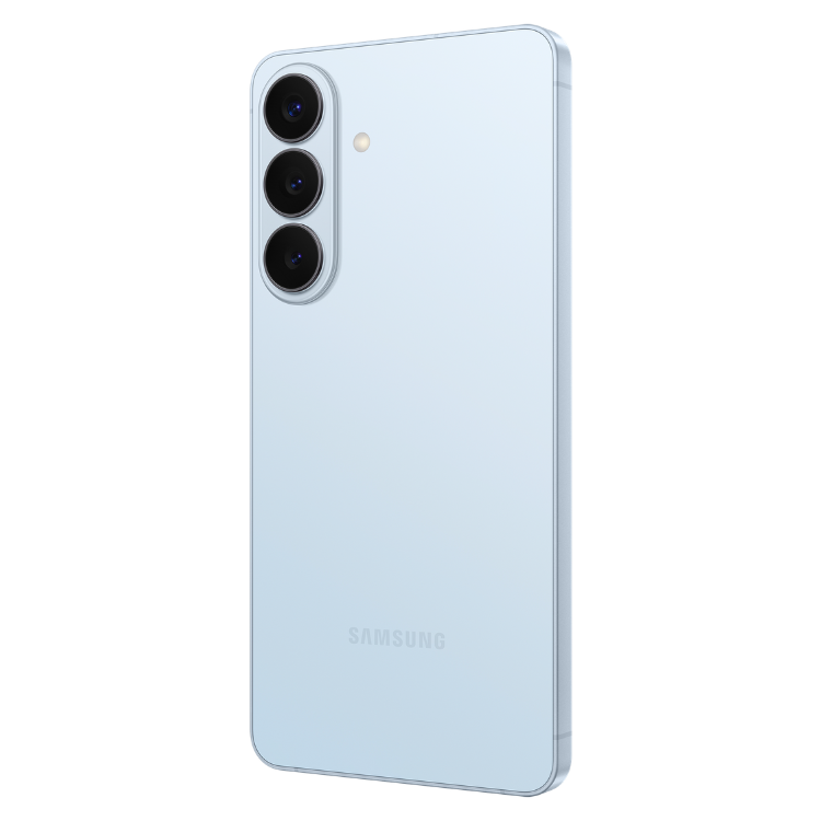 Samsung Galaxy S26+ azul, smartphone com três câmaras verticais e marca SAMSUNG na parte inferior.